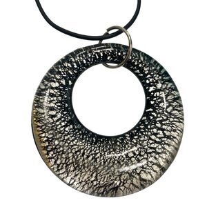 Vtg Murano Style Art Glass Pendant Necklace Black Cord 22" Black Silver Gold